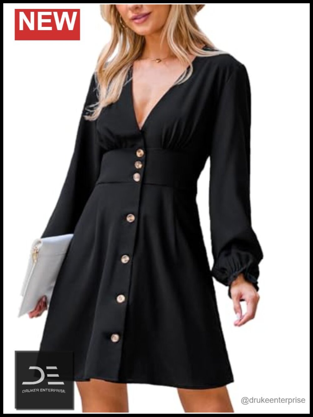 CUPSHE Women's V-Neck Button Front Long Sleeve Mini Dress